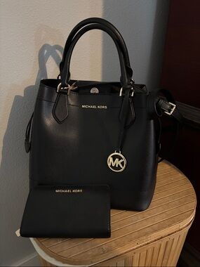 Michael Kors Black Leather Satchel with Gold Accents and Matching Wallet